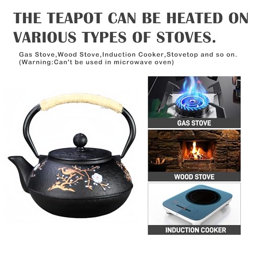 Image of Cast Iron Teapot SECHUDO Teapot for Stovetop Safe Coated with Enameled Interior,Japanese Beautiful Tea Kettle with Stainless Steel Infuser for Loose Tea (30.4oz Plum Blossoms and Bird Pattern)