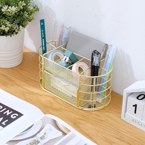 Image of 9 Compartment Metal Desk Organizer & Makeup Storage Holder with Detachable Drawer | Multi-Purpose Stationery, Cosmetic & Office Desk Organizer for Home, Study Table & Vanity (Gold)