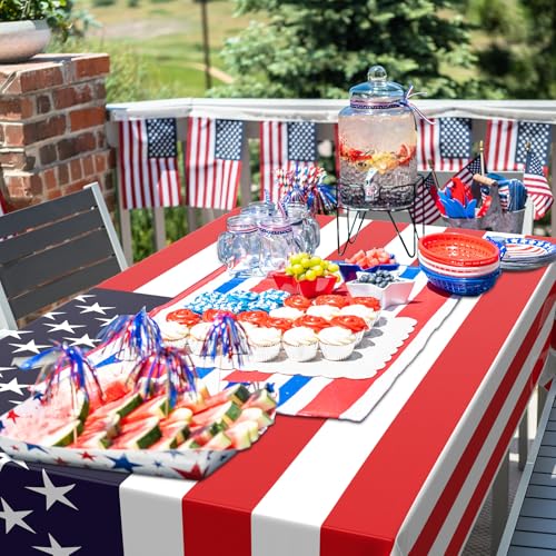 Image of Newwiee 6 Pcs 4th of July Patriotic Tablecloth Disposable American Flag Table Cloth Plastic Red White Blue Independence Day Rectangle Table Cover 250th Decoration(Patriotic Flag Style,51x71)