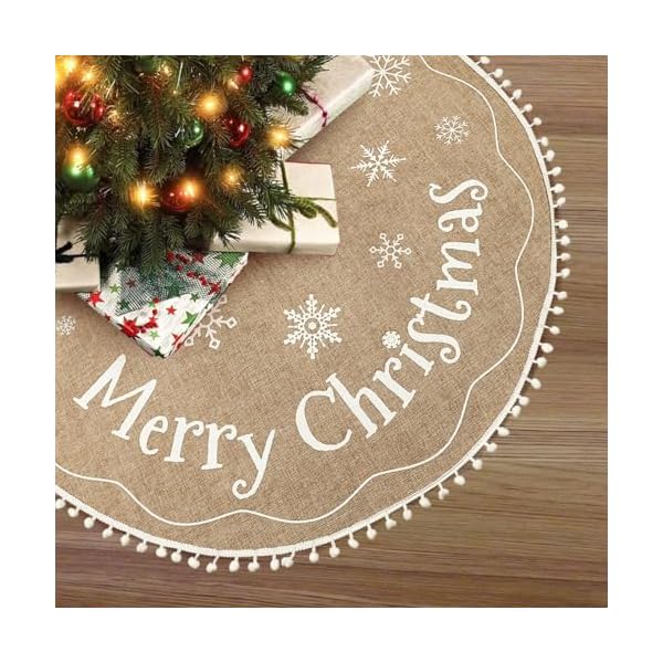 Aerwo christmas tree skirt 48 inches burlap tree skirt printed with white snowflake and merry christmas decor brown tree skirt for christmas decorations new year holiday party supply indoor outdoor  urban country home decor