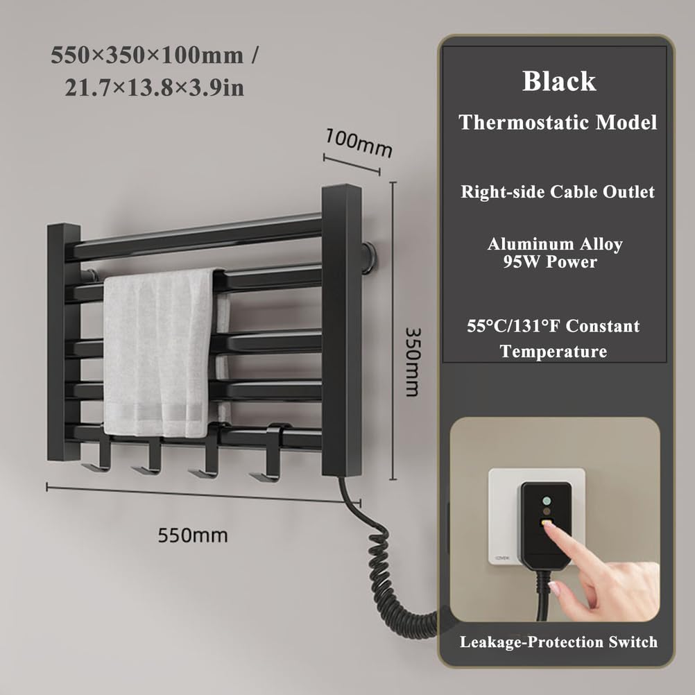 Wall Mounted Heated Towel Rack, 5 Bar Electric Towel Warmer with Hook, Thermostatic Hot Towel Dryer for Bathroom, Multifunctional Black Towel Heater