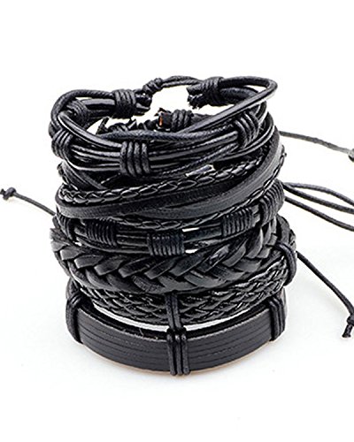 Image of Young & Forever Multi-Pack Men's Leather Bracelet Set - Braided Rope, Vintage Bead, Gothic Punk Skull, & Boho Wrapped Multi-Layer Cuff Wristbands, Adjustable Jewelry Pack