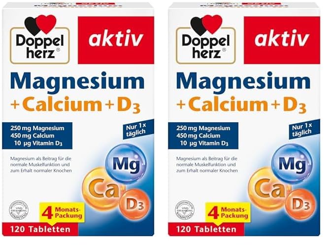 Doppelherz Magnesium + Calcium + D3 - Magnesium als Beitrag für die Muskelfunktion und zum Erhalt normalen Knochen - 120 Tabletten (Packung mit 2)