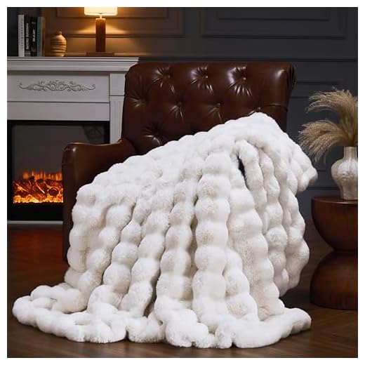 PLUUSHUU Faux Fur Throw Blanket for Couch, Fluffy Fuzzy Plush Bubble Blanket, Soft Warm Cozy Shaggy Rabbit Blanket, Luxury Decorative Gifts for Sofa Bedroom Living Room, 60x50inch (Beige)