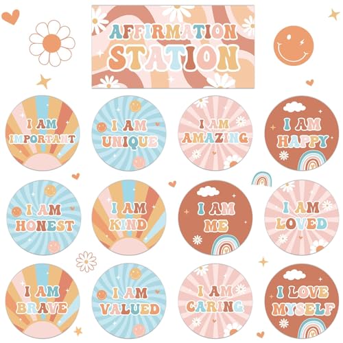 Image of Naozinebi Hippie Affirmation Station Bulletin Board Set Groovy Positive Bulletin Board for Classroom Mirror Growth Mindset Decors Inspirational Motivational Accent Cutout for Home School Wall Supply