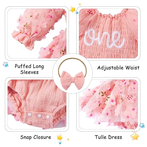 UNICOMIDEA Baby Girl 1st Birthday Outfit One Year Old Birthday Clothes Toddler Long Sleeve Tulle Romper Dress4