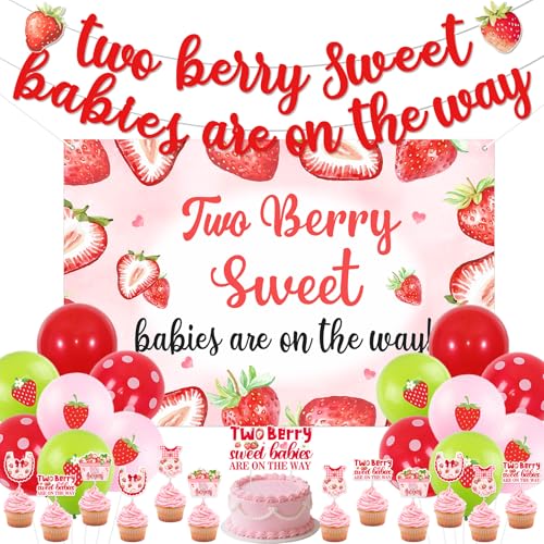 Funmemoir Strawberry Baby Shower Decorations Twins - Two Berry Sweet Babies Are on the Way Backdrop, Cake Cupcake Toppers, Banner, Balloons, Two Berry Sweet Twins Baby Shower Decorations for Girl