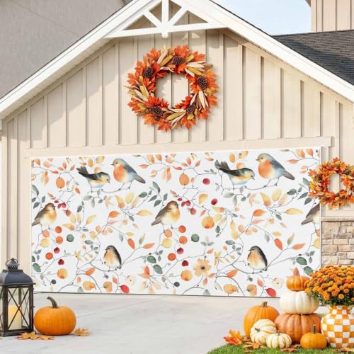 Fall Garage Door Banner 7x8 ft Watercolor Bird Garage Door Banner Thanksgiving Decorations Orange Fruit Tree Branch Leaf Garage Door Cover Backdrop for Holiday Party Fall Decor Wall Photo Background