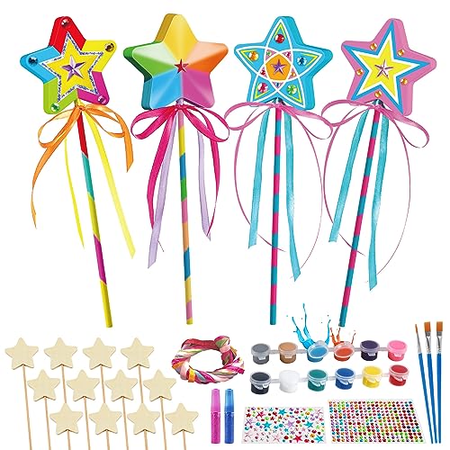 Byncceh 12 Piezas Kit Manualidades Niñas de Madera de Bricolaje para Niños Varitas Mágicas de Hadas Varitas Princesa Niña Juguete Creativo con Herramientas de Pintura Regalos para Niños