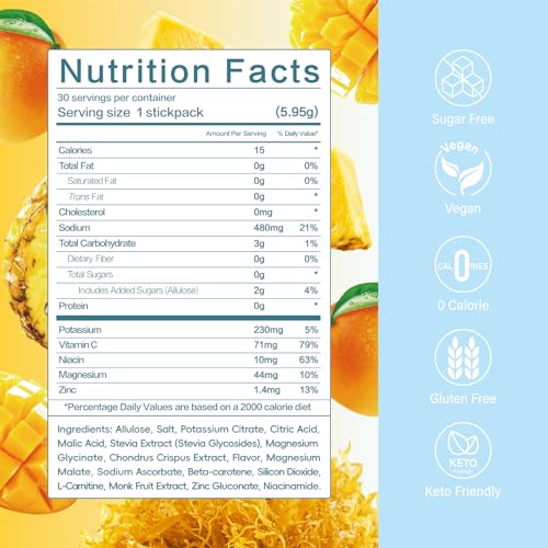 Image of Sea Moss Electrolytes Powder Packets - Hydration Packets Sugar Free - Electrolyte Packets with 30 Sticks - Zero Sugar & 0 Calorie - Keto Friendly - Gluten Free Drink Mix - Mango Pineapple