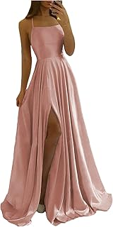 Spaghetti Straps Satin Prom Dresses Long with Side Slit A Line Bridesmaid Dress with Pockets WD056 - Buy now