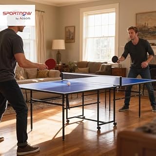 SPORTNOW Table de Tennis de Table, Table de ping-Pong Pliable, compacte, avec 4 roulettes, pour intérieur, 274 x 152,5 x 75,5 cm, Bleu