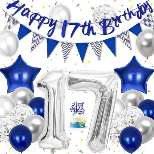 Hierein 17th Birthday Decorations Blue Silver Birthday Balloons for Boy