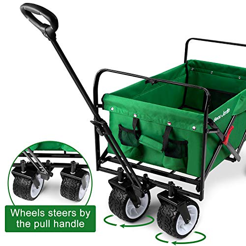 BEAU JARDIN Folding Wagon Cart 300 Pound Capacity Collapsible Utility Camping Grocery Canvas Sturdy Portable Rolling Lightweight Outdoor Garden Sports Heavy Duty Shopping Wide All Terrain Beach Wheel