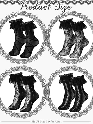 Image of Geyoga 4 Pcs Womens Lace Ankle Socks Ruffle Frilly Socks Mesh Lace Trim Socks Lolita Socks Ankle High Socks for Women(Black)