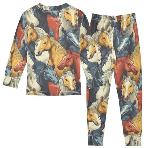 Pajama Sets Long Sleeve Colorful Cool Horses Pattern Soft Comfy Sleepwear 2 Piece PJS 3-8T3