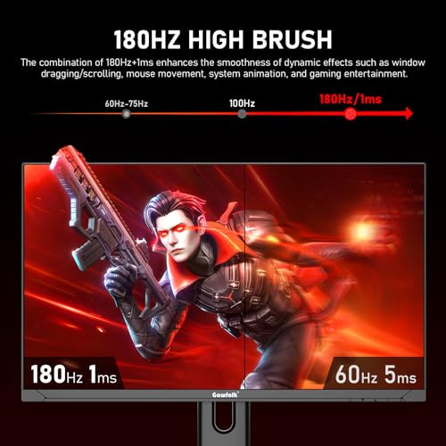 Image of Gawfolk 27 inch 2K QHD(2560x1440) PC Screen, 180Hz Gaming Monitor, 1ms Without Bezel, FreeSync,100% sRGB, 178 Wide Viewing Angle, HDMI2.0、DisplayPort, 75 * 75MM Wall Mount Compatible - Black
