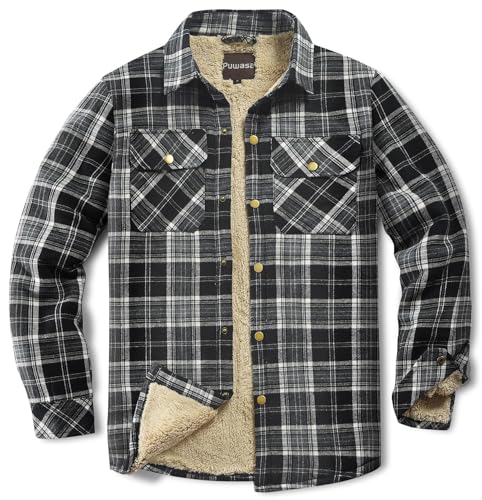 Image of Men's Sherpa Cotton Flannel Shirt Jacket Plaid Button Coat Pocket