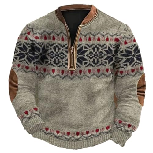 Generisch Jersey de punto noruego para hombre - Troyer con cremallera y parches en el codo | suéter tradicional de invierno para hombre, Style_r01 Beige, 3XL