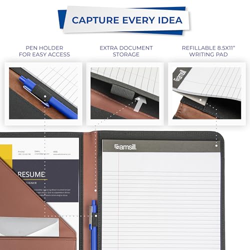 Image of Samsill Contrast Stitch Leather Padfolio and Business Portfolio for Men and Women, Resume /Document Organizer with Writing Pad, Tan