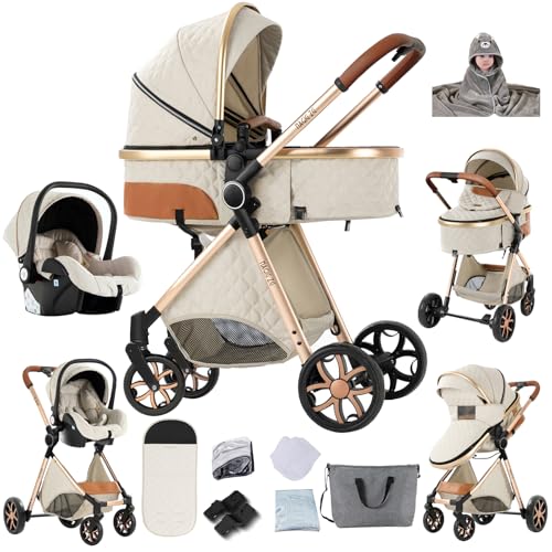 Veitoalioy Poussette 3 en 1, Haute vue Poussette Bebe Pliante, Poussant Avant Et Arrière En aluminium, Système De Voyage Pour Bébé (V9 Creamy White)