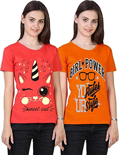 VEERAA CLOTHINGWomen's Classic Fit T-shirt (Set of 3) (VRCWMCMB004_XL_Coral Red & Orange_X-Large)