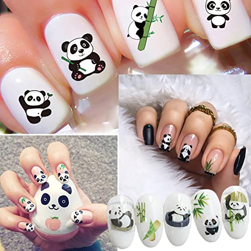 Panda Nail Art Stickers, Cartoon Bear Nail Self-Adhesive Sticker Design, Holographic Cute Bear Flowers Leaf Nail Art Decals Supplies For Women Girls Manicure Animal Decoration Resin Pet Transfer Decal #TOP1