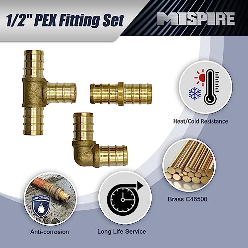 Image of PEX Fittings 1 /2 Inch 40-Pack, 20pcs Straight Coupler, 10pcs 90 Degree Elbow and 10pcs Tee Crimp, PEX Brass Crimp Fitting Combo, No-Lead Brass for PEX Pipe Plumbing Projects by MISPIRE