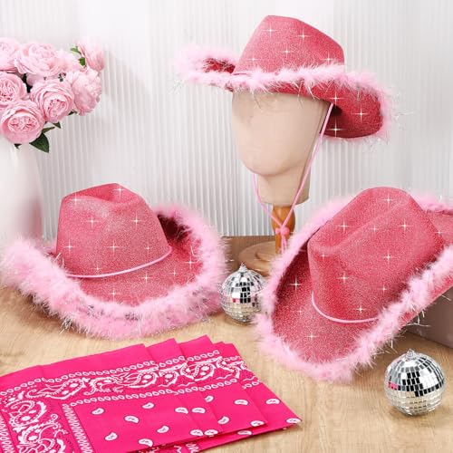 Image of Coume 12 Pcs Sparkly Adults Cowboy Hat and Bandanas Women Men Western Glitter Cowgirl Party Hats with Adjustable Drawstring