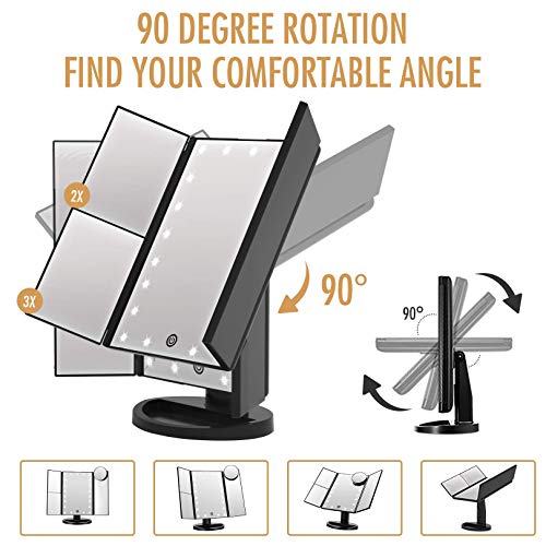 FASCINATE Trifold Led Lighted Makeup Mirror, 2X/3X/ Magnification