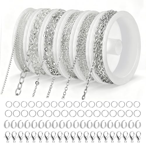 Cadena de eslabones dorada, 14 m, 6 rollos, venta por metros, accesorios de fabricación de joyas con anillos y cierres de mosquetón y anillos en U, cadena para hacer joyas para collares y pulseras