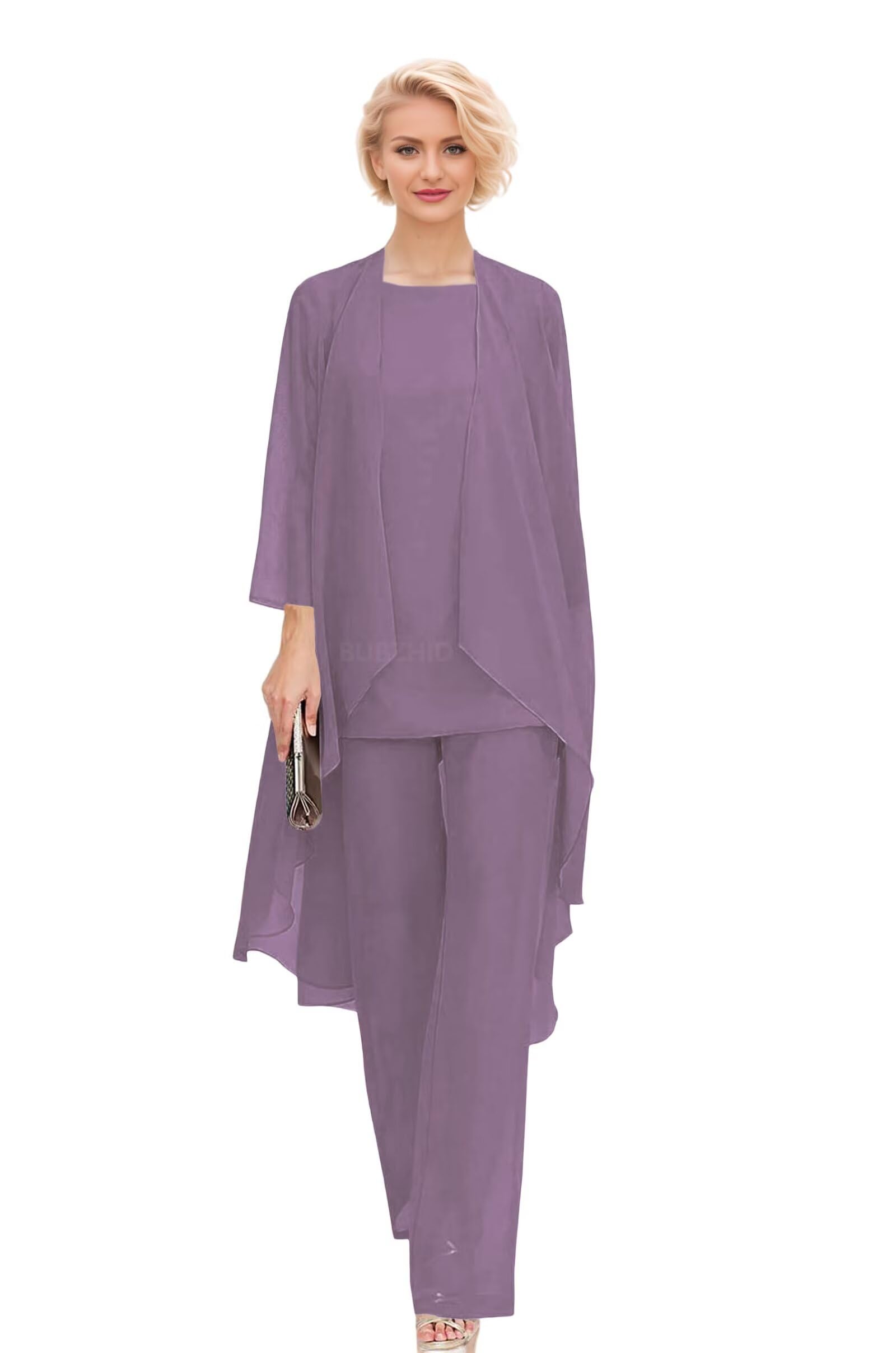 3 Pieces Mother of The Bride Pantsuits with Jacket for Wedding Chiffon Formal Evening Prom Cocktail Pants Outfit