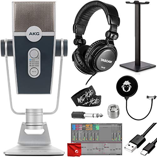 AKG Pro Audio Lyra Ultra-HD Four Capsule Multi-Capture Mode USB-C Condenser Microphone Bundle with TH-02 Closed Studio Headphones, Headphone Stand, Mophead Pop Filter, Cable Ties
