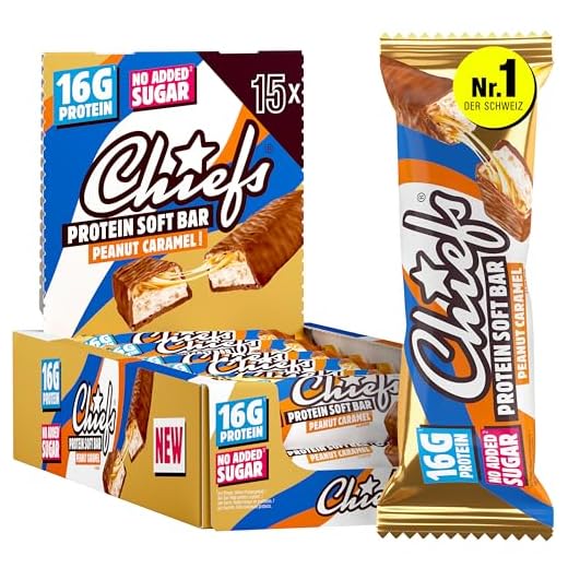 CHIEFS Soft Protein Riegel - 15er Box, High Protein Bar - Ohne Zuckerzusatz & kein Palmöl - Peanut Karamell - Fitness Snack - 15x55gr Eiweißriegel