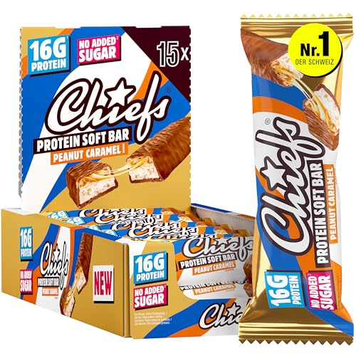 CHIEFS Soft Protein Riegel - 15er Box High Protein Bar - Ohne Zuckerzusatz & kein Palmöl - Peanut Karamell - Fitness Snack - 15x55gr Eiweißriegel