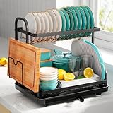 Sakugi Dish Drying Rack - Stainless Steel Dish Rack for Kitchen Counter, 2-Tier Kitchen Organizers and Storage Rack with Drainboard and Cutlery Holder, Medium, Black