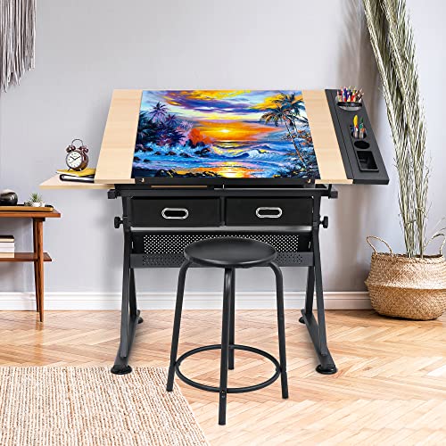 Image of NOVA MICRODERMABRASION Adjustable Height Drafting Desk Drawing Table Tiltable Tabletop for Reading, Writing Art Craft w /Stool and Drawers