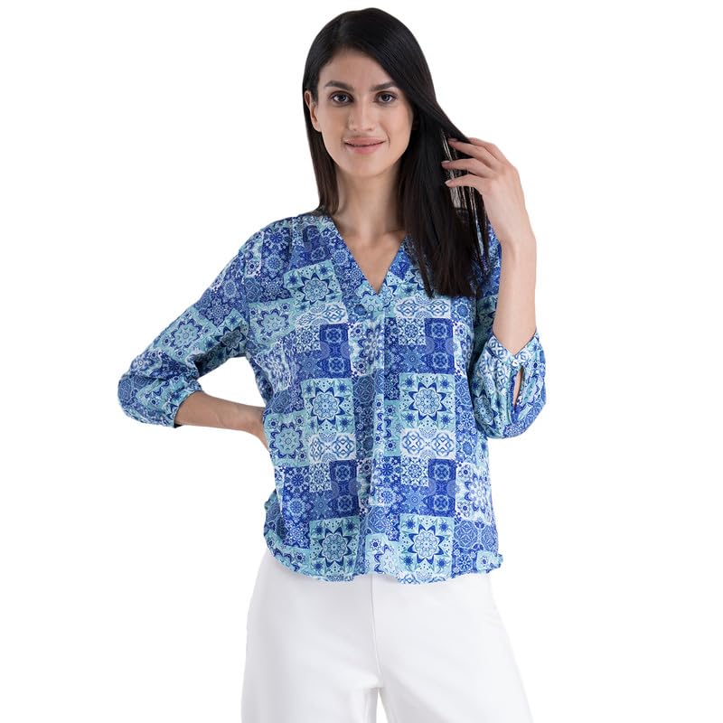 Image of FableStreet Women Formal & Casual Top | V-Neckline with Gathered Back Detail & Three-Quarter Sleeves | Premium Satin Fabric for Office Wear & Sophisticated Outings