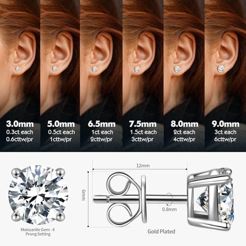 Moissanite Stud Earrings for Women Men, 0.6-6CT D Color Round Cut Four Prong Moissanite Earrings,18K Gold Plated Silver Lab Created Moissanite Earrings3