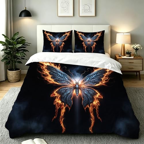 Gumntun Funda Nordica Cama 90-135x200 cm Mariposas de Colores Llamas, Microfibra Juego de Funda de Edredon, Juego de Ropa de Cama de 3 Piezas 35x200 cm y 1 Funda de Almohada 50x75 cm_B19772