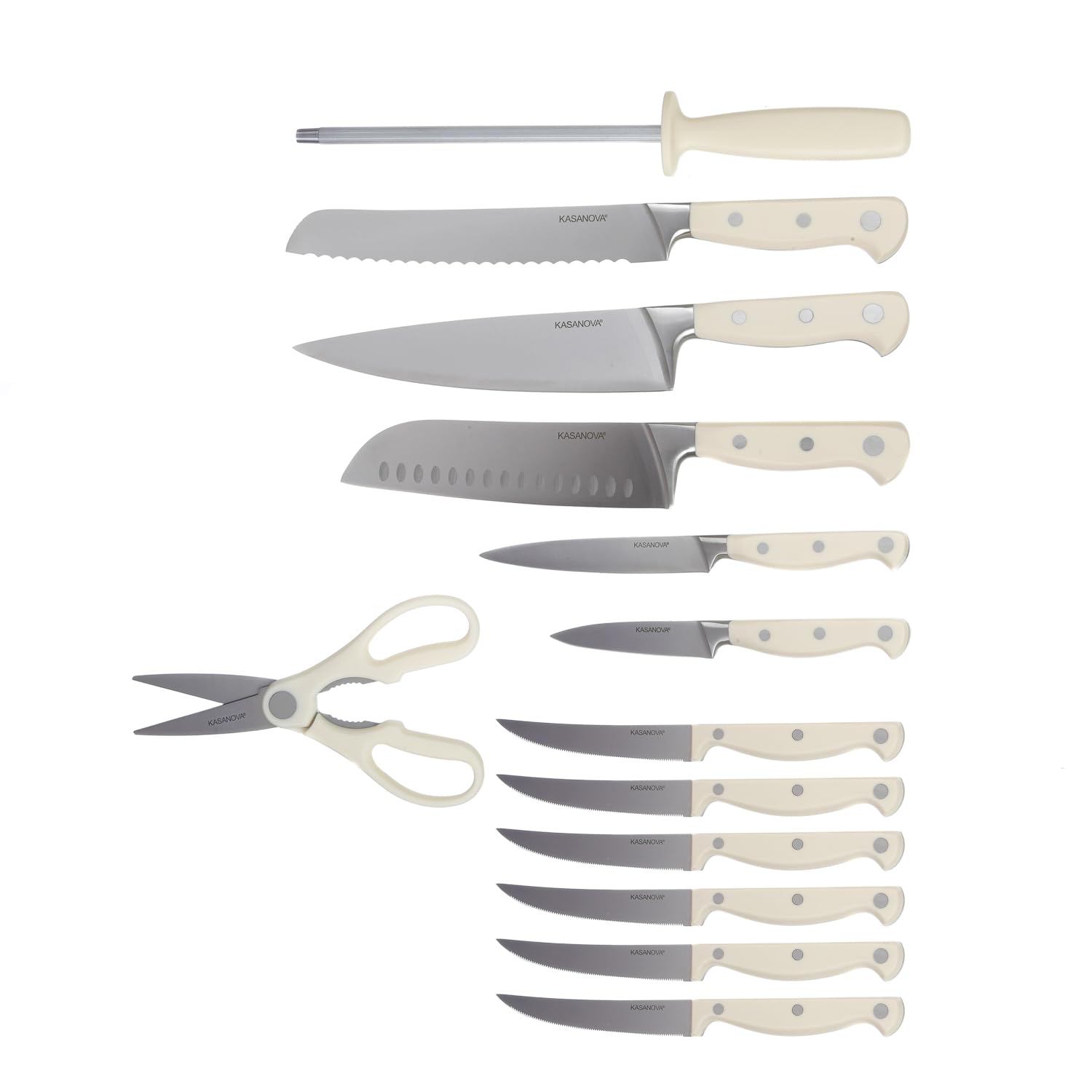 KASANOVA - Bloc en bois avec 11 couteaux, ciseaux et aiguiseur, bloc porte-couteaux de cuisine, set complet pour la cuisine