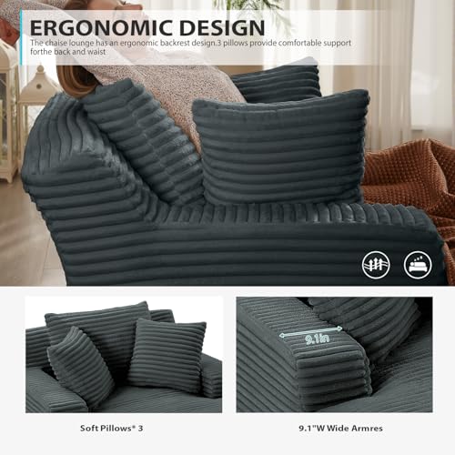 Image of 67 Inch Chaise Lounge Chair Indoor, Oversized Corduroy Upholstered Boneless Sofa Bed, Deep Seat Sleeper Couch Reading Chairs, Cloud Sofas Couches for Living Room, No Assembly Required (Dark Grey)