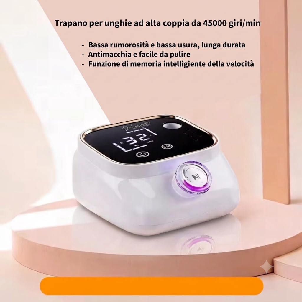 Fresa per Unghie Professionale 45000 RPM Regolabili – Kit E-File con Display Touch Digitale, Motore Silenzioso, Manico Ergonomico Premium, Portatile con Memoria e Controllo Intelligente