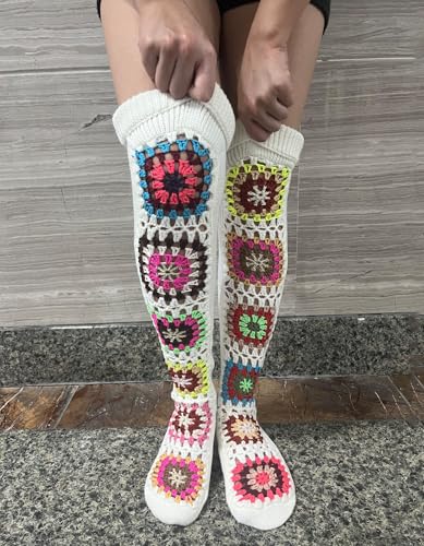 Image of Leoparts Crochet Thigh High Socks Granny Square Over Knee High Retro Knitted Stocking Colorful Leg Warmers