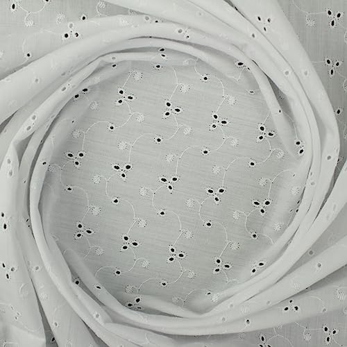 TELA BATISTA DE ALGODÓN 100% BORDADO DE FLORES PERFORADAS Y ORILLOS REMATADOS SERIE ANAKI, ANCHO 150cm (1 METRO, BLANCO)