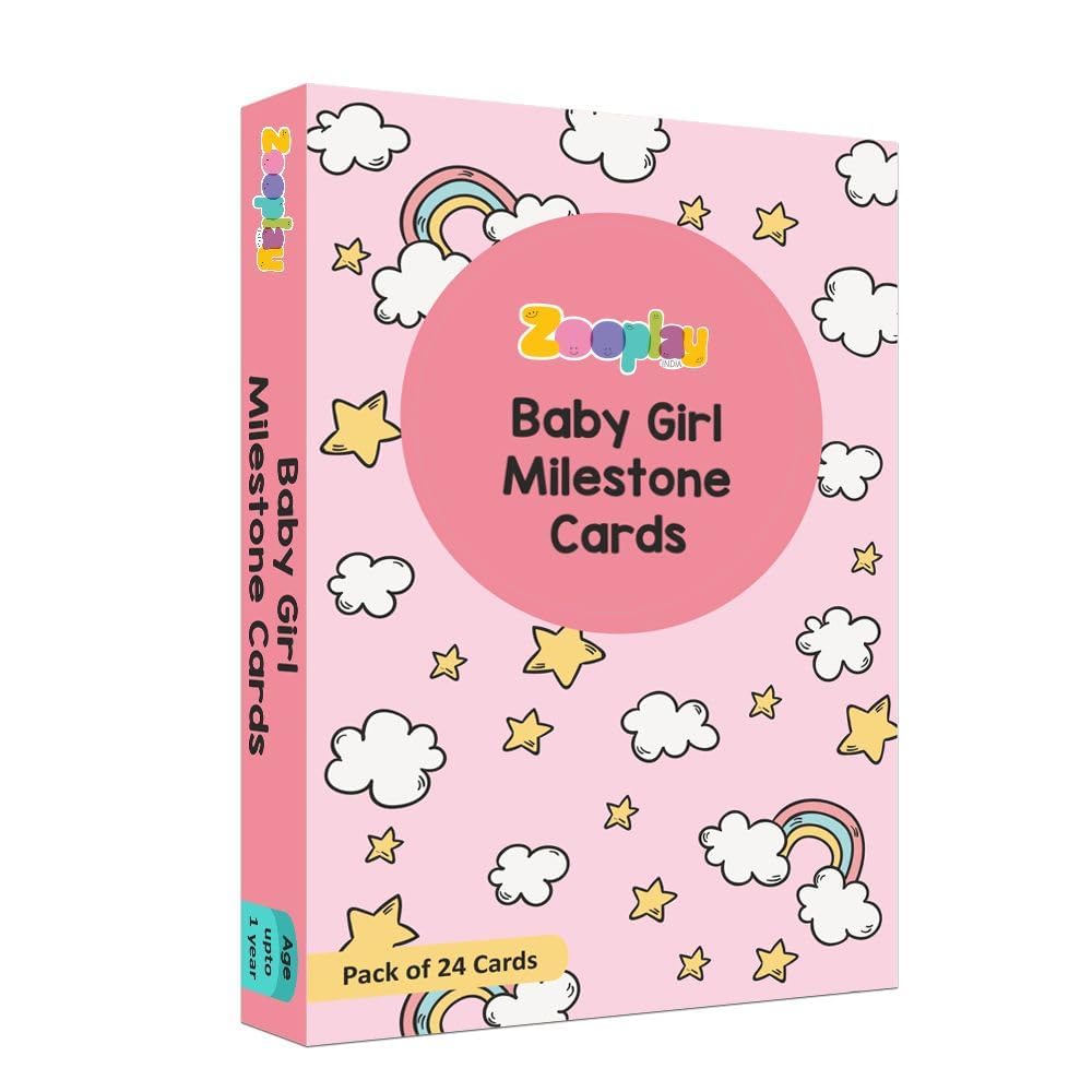 Zooplay India Baby Girl Monthly Milestone Cards, Months Growth Milestones Cards, Baby Shower Gift Scrapbook Photo Keepsake Monthly Age Markers Card- Pack of 24 Multicolor for 5 Years and up