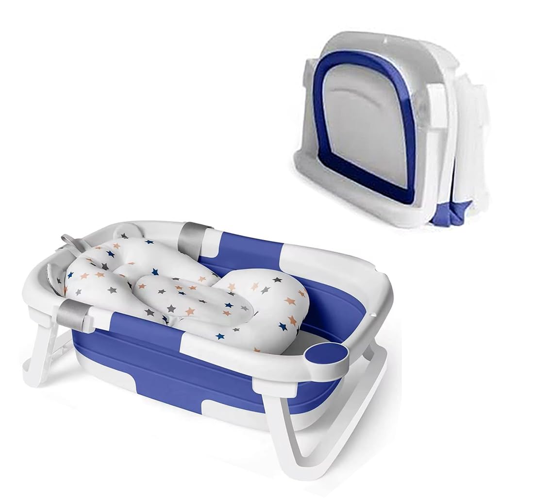NOT JUST A BOX - Vaschetta Bagnetto Pieghevole Neonato, Indicatore di Temperatura, Foro di Drenaggio, Cuscino Antiscivolo, per bambini fino a 24 mesi (BLU)