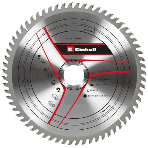 Einhell - Hoja de sierra circular (210 x 30 mm, diámetro de 210 mm, soporte de 30 mm, 64 dientes, ancho de corte de 1,8 mm, para sierras ingletadoras y sierras circulares de mesa inalámbricas)