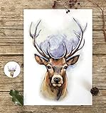  Hirsch A4 Aquarell Poster und Sticker, Elch Bild, Rotwild Illustration, Kinderzimmer Wanddeko, Waldtiere Wandbild, Kunstdruck, Fine Art Print, Country Style, Weihnachts-Geschenk Idee