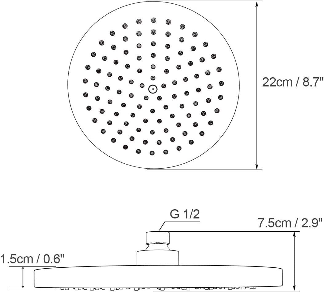 Regenduschkopf 22 cm, Runder Duschkopf mit Verstellbarem Kugelgelenk, Wassersparende Regendusche mit Anti-Kalk-Düsen, feste Kopfbrause für Wand und Deckenmontage, G1/2 Anschluss